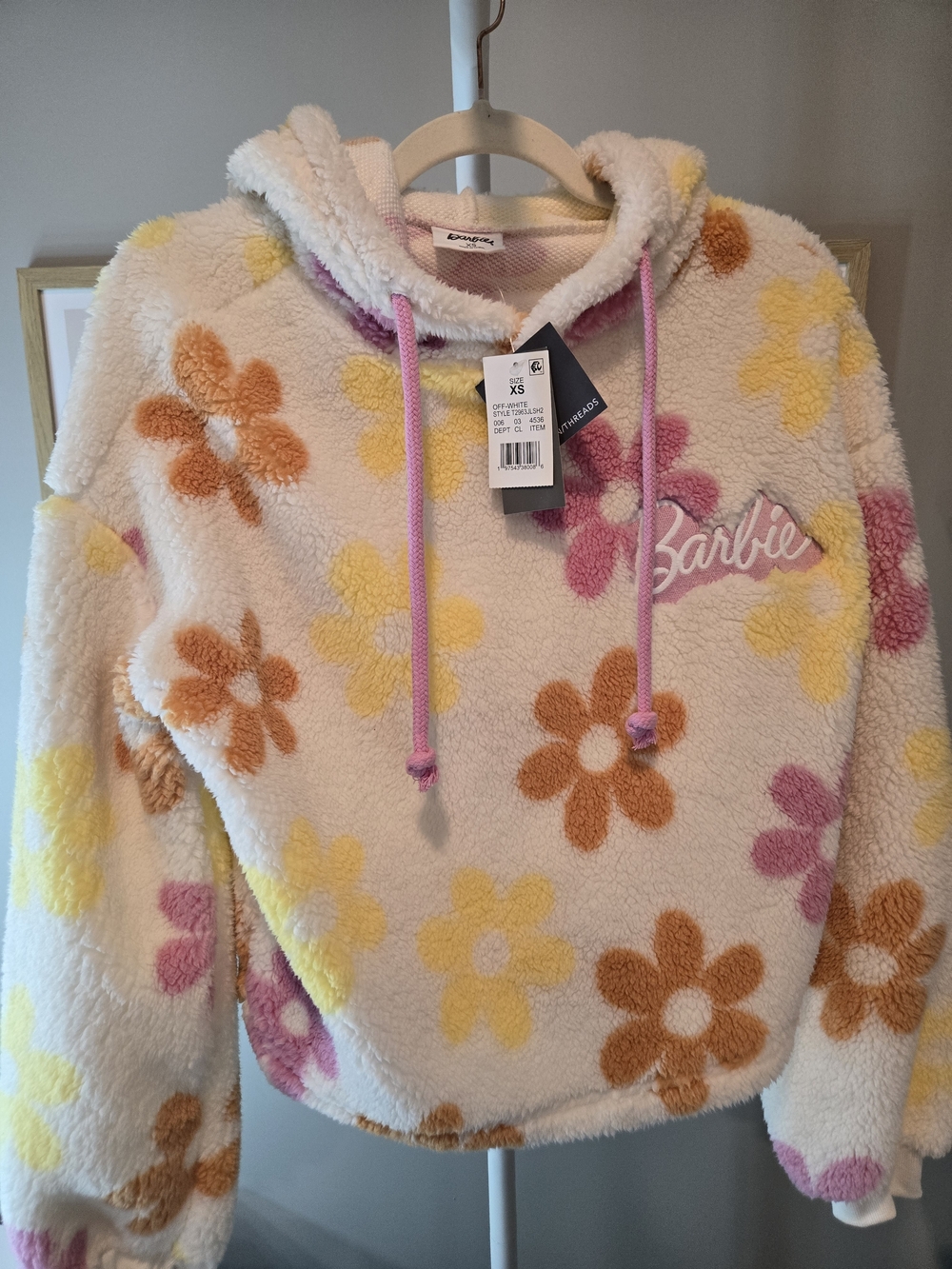 🌸NWT🌷Barbie Floral Plush Hoodie - Cream with Pink, Yellow & Orange Flowers